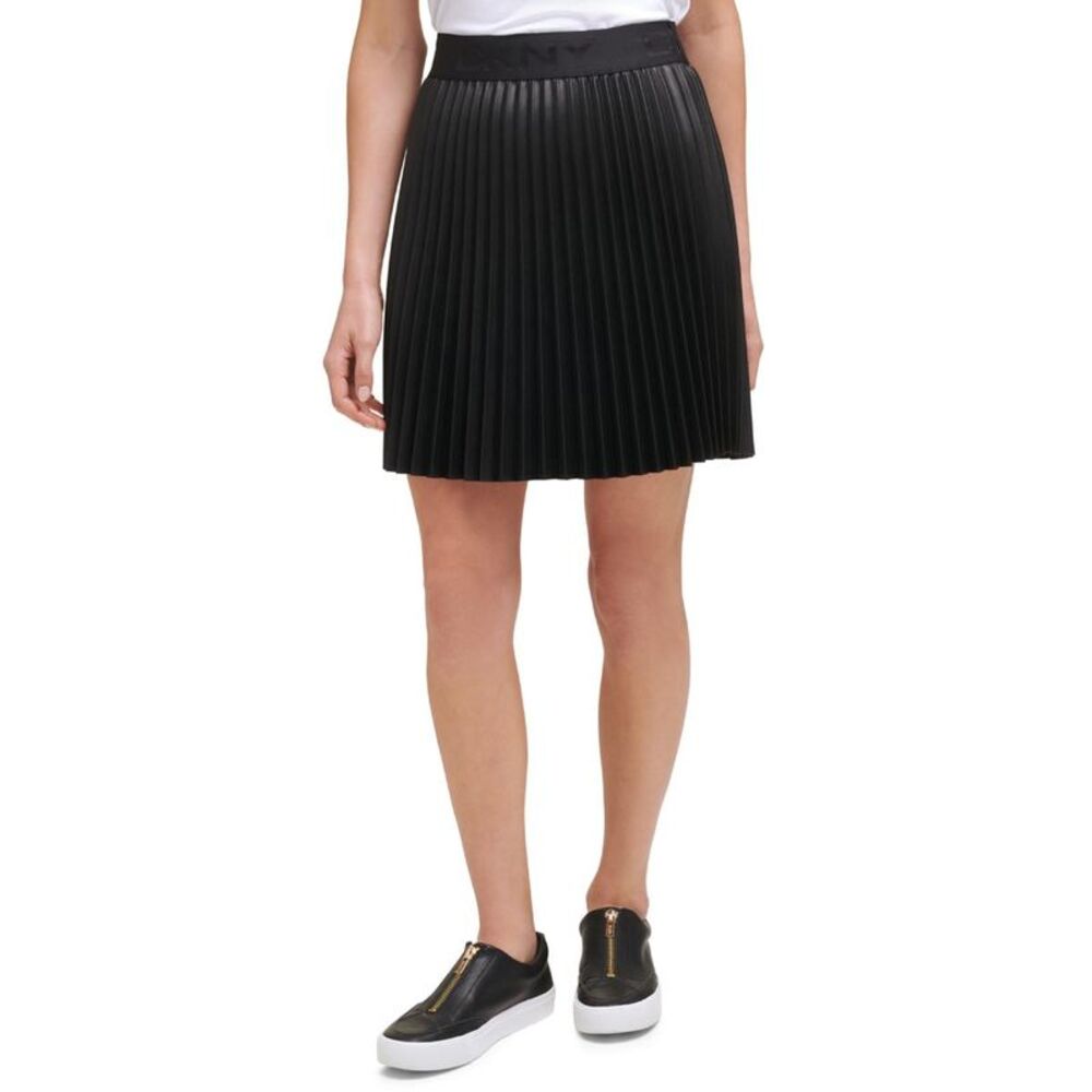 DKNY Womens Black Faux Leather Below Knee Pull On Pleated Skirt NWOT
